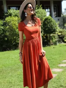 SHEIN LUNE Vestido línea A unicolor de cuello scoop - Naranja - Ver 4