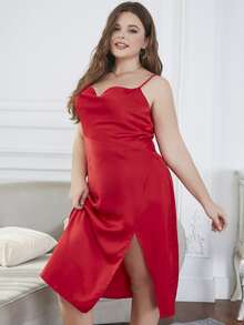 D&M Vestido de tirantes escote drapeado de muslo con abertura de satén - Rojo - Ver 7