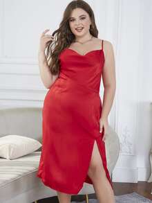 D&M Vestido de tirantes escote drapeado de muslo con abertura de satén - Rojo - Ver 8