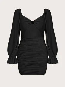 SHEIN EZwear Plus Ring Flounce Sleeve Ruched Mesh Dress - Black - View 1