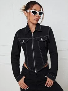 Top-stitching Zip Up Asymmetrical Hem Denim Top - Black - View 1