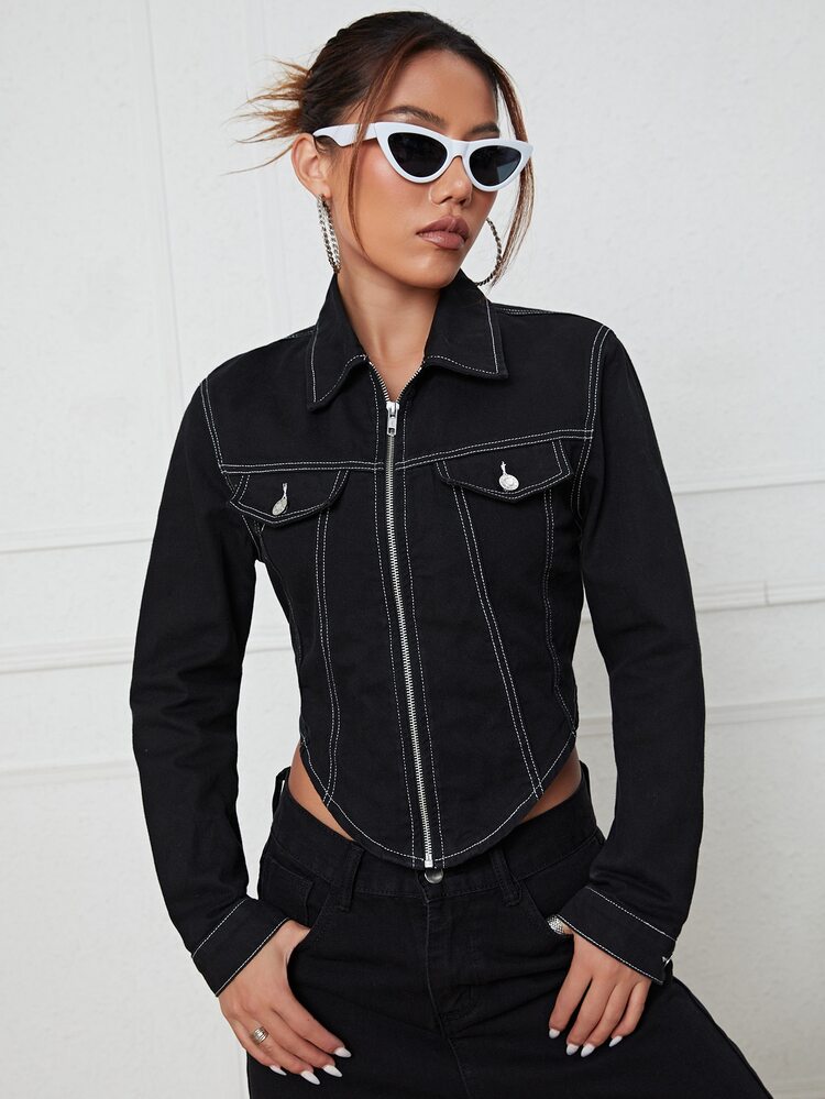 Top-stitching Zip Up Asymmetrical Hem Denim Top - Black - View 1