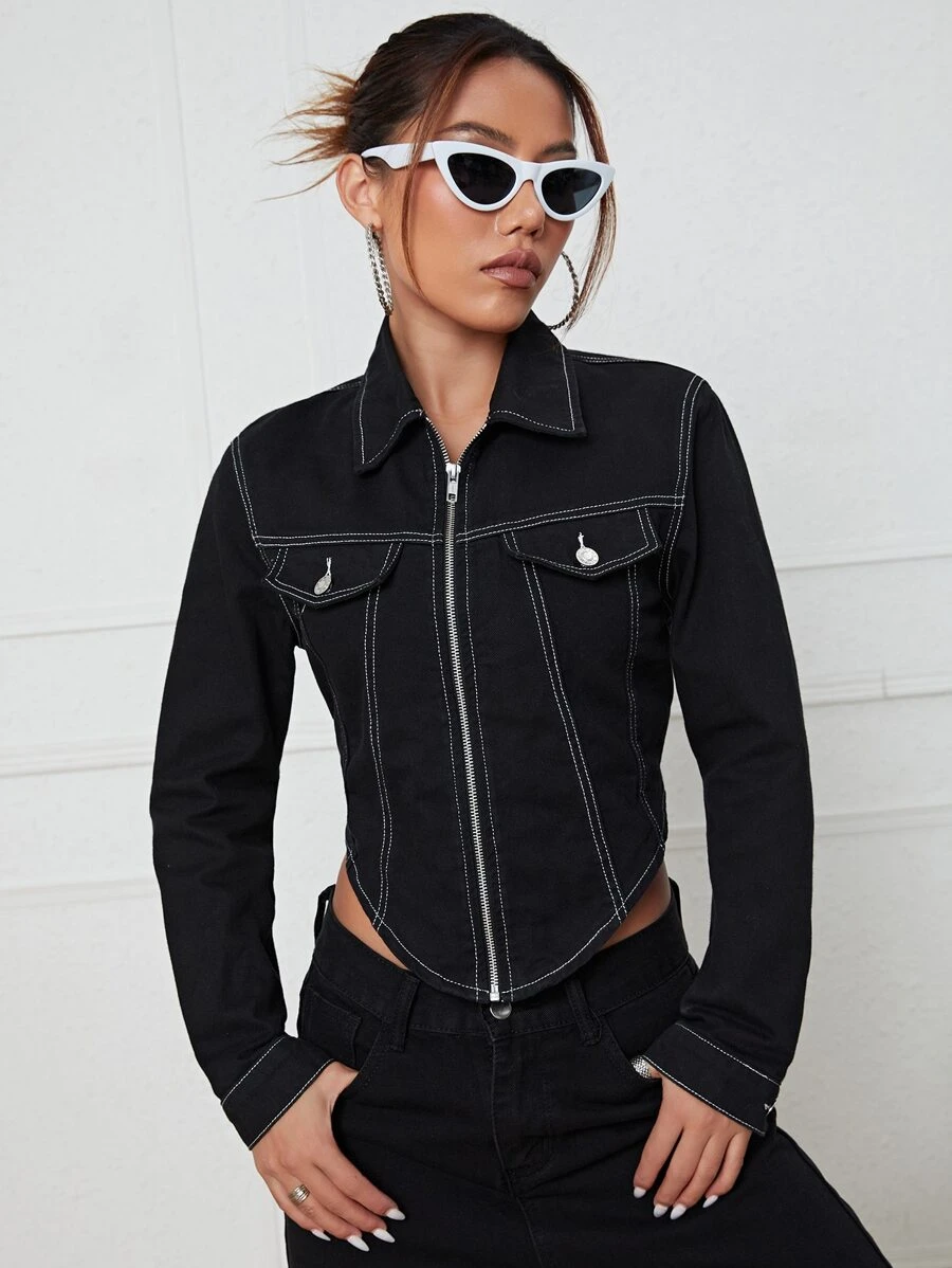 Top-stitching Zip Up Asymmetrical Hem Denim Top - Black - View 1