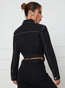 Top-stitching Zip Up Asymmetrical Hem Denim Top - Black - View 2
