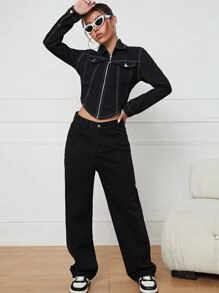 Top-stitching Zip Up Asymmetrical Hem Denim Top - Black - View 3