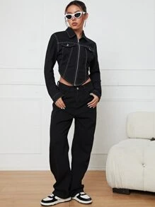 Top-stitching Zip Up Asymmetrical Hem Denim Top - Black - View 4