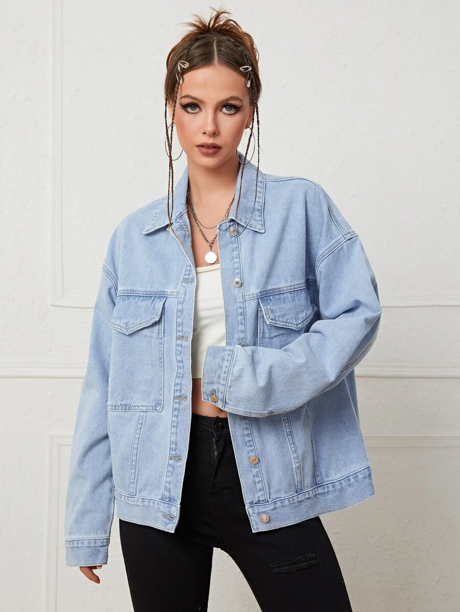 Cazadora mezclilla de hombros caídos con bolsillo con solapa - Lavado ligero - Ver 1