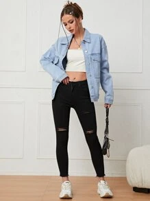 Cazadora mezclilla de hombros caídos con bolsillo con solapa - Lavado ligero - Ver 6