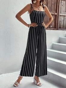 SHEIN VCAY Vertical Striped Cami Jumpsuit - Black and White - View 4
