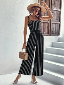 SHEIN VCAY Vertical Striped Cami Jumpsuit - Black and White - View 1