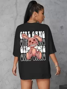 SHEIN Qutie 字母和卡通圖案落肩T恤 - 黑色 - 查看 1