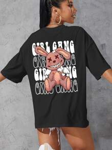 SHEIN Qutie 字母和卡通圖案落肩T恤 - 黑色 - 查看 4