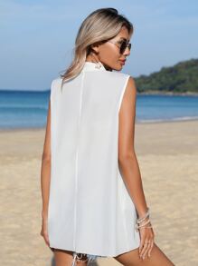 SHEIN Clasi Solid Button Front Sleeveless Beach Shirt - White - View 2
