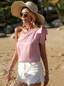 SHEIN VCAY Blusa de un hombro con nudo unicolor - Rosa - Ver 3