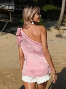 SHEIN VCAY Blusa de un hombro con nudo unicolor - Rosa - Ver 2