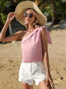 SHEIN VCAY Blusa de un hombro con nudo unicolor - Rosa - Ver 1