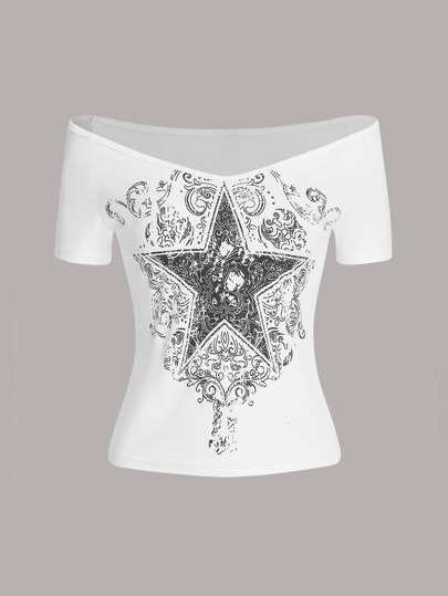 Fairycore Star Print Off Shoulder Tee