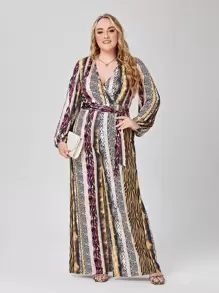 Jumpsuits Plus Size Thắt lưng Trọn gói In hoa Báo Sọc ngựa vằn Boho - Nhiều màu - Xem 1