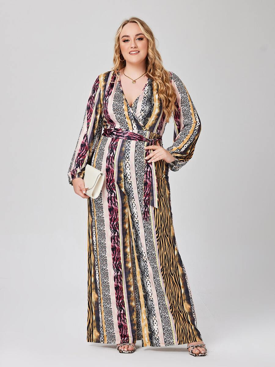 Jumpsuits Plus Size Thắt lưng Trọn gói In hoa Báo Sọc ngựa vằn Boho - Nhiều màu - Xem 1