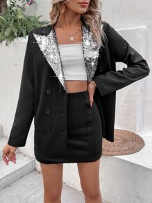 Allurite Contrast Sequins Double Breasted Blazer & Bodycon Skirt - Black - View 4