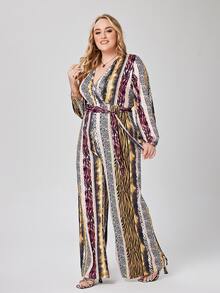 Jumpsuits Plus Size Thắt lưng Trọn gói In hoa Báo Sọc ngựa vằn Boho - Nhiều màu - Xem 3