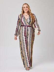 Jumpsuits Plus Size Thắt lưng Trọn gói In hoa Báo Sọc ngựa vằn Boho - Nhiều màu - Xem 4