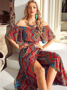 S BETRO Geo Print Off Shoulder Wrap Hem Dress - Multicolor - View 1
