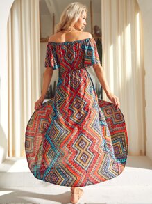 S BETRO Geo Print Off Shoulder Wrap Hem Dress - Multicolor - View 2