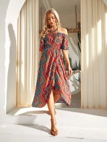 S BETRO Geo Print Off Shoulder Wrap Hem Dress - Multicolor - View 4