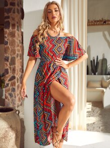 S BETRO Geo Print Off Shoulder Wrap Hem Dress - Multicolor - View 5