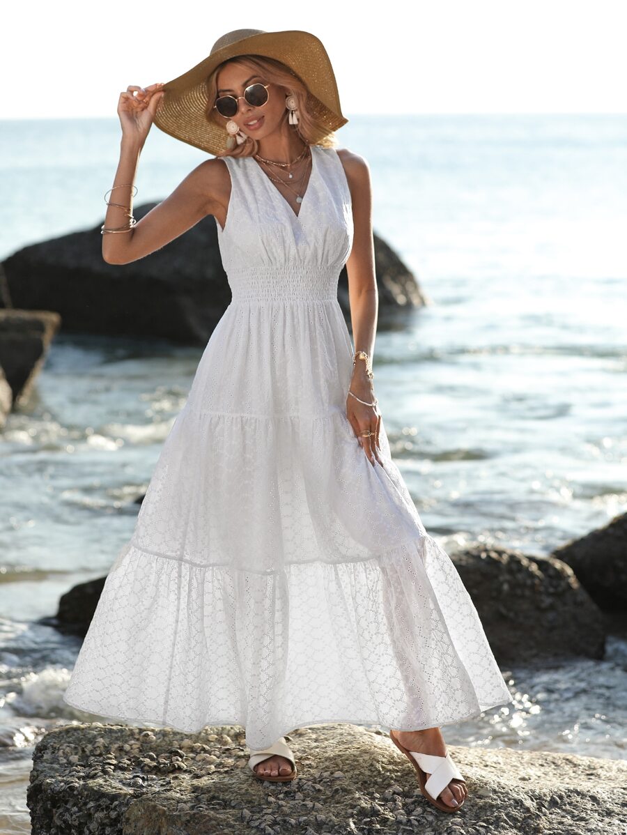 SHEIN VCAY Eyelet Embroidery Shirred Tie Back Ruffle Hem Dress - White - View 1