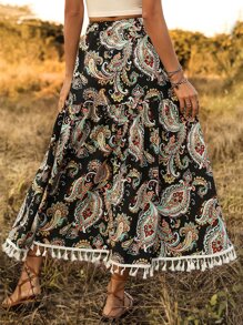 SHEIN VCAY Paisley Print Tassel Trim Skirt - Black - View 2