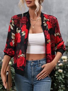 SHEIN LUNE Floral Print Zip Up Bomber Jacket - Black - View 1