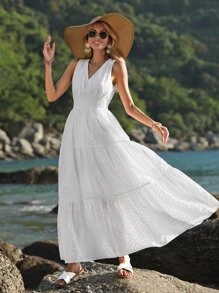 SHEIN VCAY Eyelet Embroidery Shirred Tie Back Ruffle Hem Dress - White - View 4