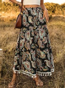 SHEIN VCAY Paisley Print Tassel Trim Skirt - Black - View 4