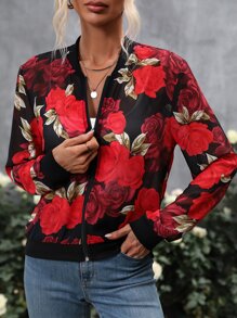SHEIN LUNE Floral Print Zip Up Bomber Jacket - Black - View 6