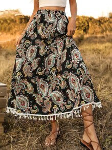 SHEIN VCAY Paisley Print Tassel Trim Skirt - Black - View 6