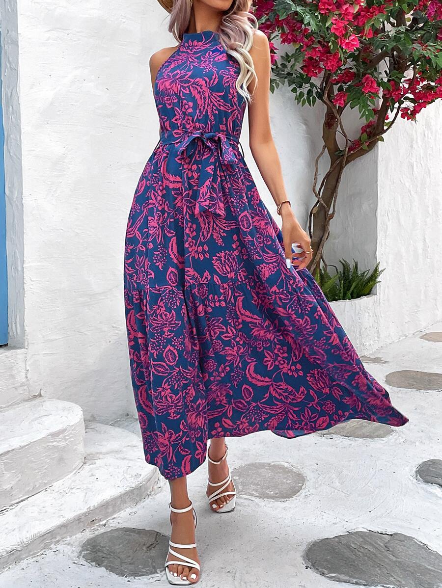 Breezaya Allover Print Belted Halter Dress - Navy Blue - View 1
