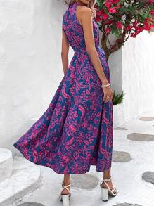 Breezaya Allover Print Belted Halter Dress - Navy Blue - View 2