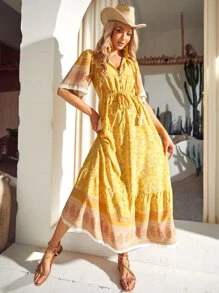 S BETRO Floral Print Drawstring Waist Ruffle Hem Dress - Yellow - View 1