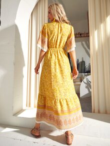 S BETRO Floral Print Drawstring Waist Ruffle Hem Dress - Yellow - View 2