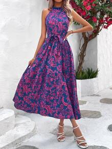 Breezaya Allover Print Belted Halter Dress - Navy Blue - View 6