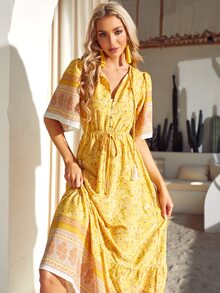 S BETRO Floral Print Drawstring Waist Ruffle Hem Dress - Yellow - View 4