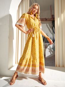 S BETRO Floral Print Drawstring Waist Ruffle Hem Dress - Yellow - View 5