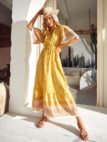 S BETRO Floral Print Drawstring Waist Ruffle Hem Dress - Yellow - View 6