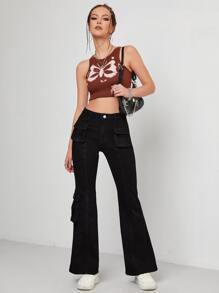 Flap Pocket Flare Leg Jeans - Black - View 1