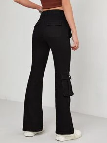 Flap Pocket Flare Leg Jeans - Black - View 2