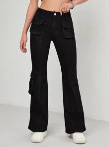 Flap Pocket Flare Leg Jeans - Black - View 5