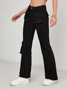Flap Pocket Flare Leg Jeans - Black - View 6
