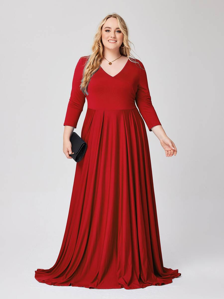 Plus V Neck Pleated Hem Prom Dress - Red - View 1